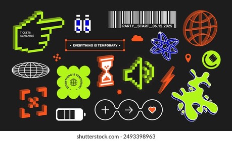 Sticker set in Y2k retro style. Futuristic 3d elements. Bold modern shape for posters. Neon Pixel art. Geometric abstract simple signs. Cool Naive Utilitarian design elements. Brutalist, fluoricent