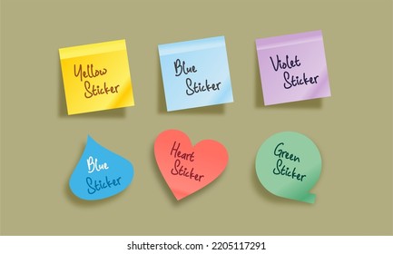Sticker Set: Yellow,blue and purple-square stickers. Pink heart sticker. Blue drop sticker. Green cloud for text sticker. The background is yellow.