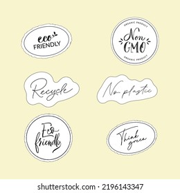 Sticker Set Zero Waste logotipo con letras manuscritas. Inscripción moderna de caligrafía para afiches, banners, diseño web, tarjetas. Cita motivacional estilo de vida ecológico. Ilustración vectorial aislada