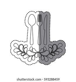 sticker shading silhouette crown of leaves with cutlery vector illustration