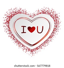 Sticker in the shape of heart from paper with red glitter frame and confetti, sparkles and lettering I Love you on white background. Vector illustration for Happy Valentines Day.