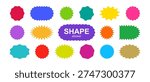 Sticker shape, label star icon. Round price tag, sun burst stamp. Discount sale circle and oval. Retro colorful bubble curve edge set isolated on white bg. Zig zag empty element. Vector illustration