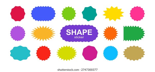 Sticker shape, label star icon. Round price tag, sun burst stamp. Discount sale circle and oval. Retro colorful bubble curve edge set isolated on white bg. Zig zag empty element. Vector illustration