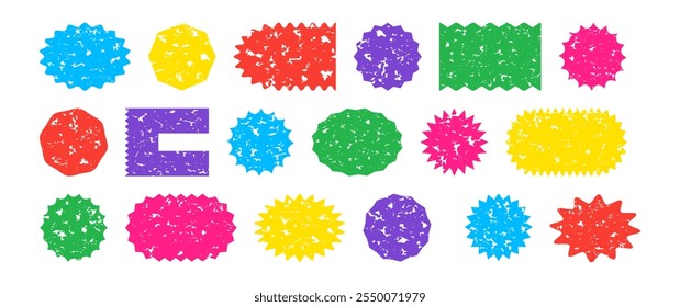 Sticker shape starburst, crayon design, star label color chalk, sale price tag, sun grunge badge, discount sketch icon set isolated on white background. Watercolor banner. Abstract vector illustration