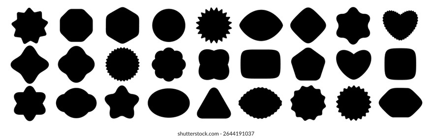 Sticker Shapes Set, Black Label Silhouettes, Empty Badges Tags Template. Modern Geometric Forms for Graphic Design, UI, Logo or Promo Elements. Vector Illustration.