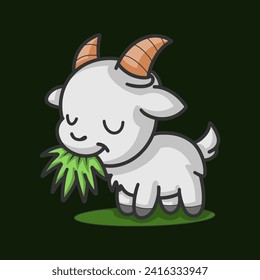 sticker of a sheep eating grass, cartoon style, Chibi Style.
