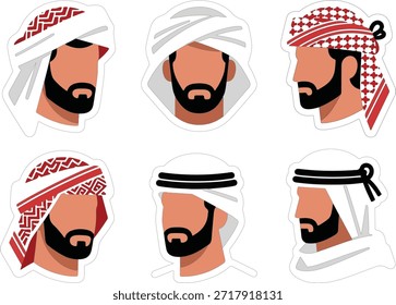 Sticker sheet containing 6 different Gulf men shemagh head coverings, each in a slightly different fold or angle.