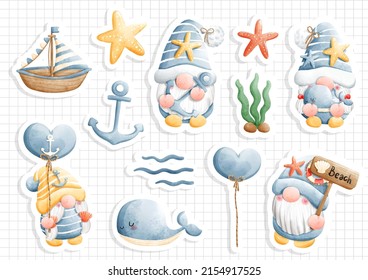 Sticker sheet gnome summer, nautical gnome vector illustration