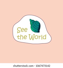 Sticker with shells in hand drawn style.  For travel book, diary and creative design. Vector illustration