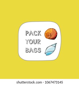 Sticker with shells in hand drawn style.  For travel book, diary and creative design. Vector illustration