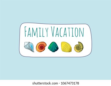 Sticker with shells in hand drawn style.  For travel book, diary and creative design. Vector illustration