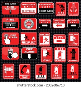 Sticker and sign , emergency exit, fire extinguisher, fire alarm, emergency call, fire hose, hydrant 