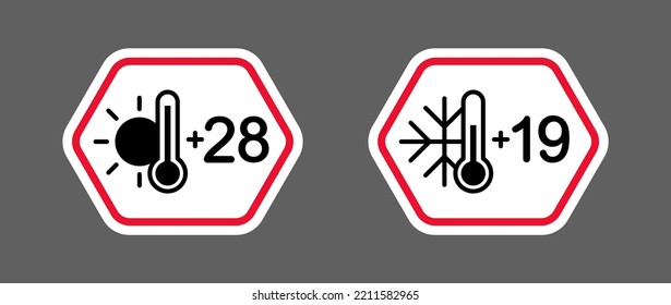 Sticker signs with room temperatures, warm with sun and cold with snowflake vector illustration