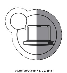 sticker silhouette circular shape with laptop computer with sphere dialogue