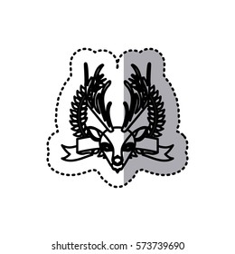 sticker silhouette crown leaves and label with moose animal vector illustration