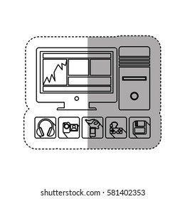 sticker silhouette desktop computer with icon apps vector illustration