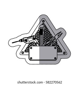 sticker silhouette grille perforated triangle frame with metal plate and tools vector illustration
