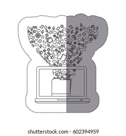 sticker silhouette laptop computer with communication tech elements vector illustration