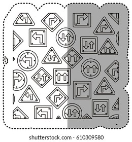sticker silhouette pattern road traffic sign with arrows set vector illustration