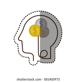 sticker silhouette profile human head with coins with dollar symbol vector illustration
