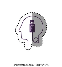 sticker silhouette profile human head with usb device vector illustration