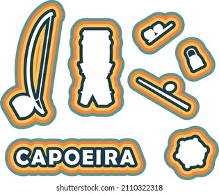 Sticker silhouette set of brasil capoeira music instruments. Berimbau, agogo, atabaque, pandeiro in sticked colorful style.