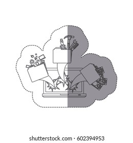 sticker silhouette tech laptop broken with icons ejection flying vector illustration