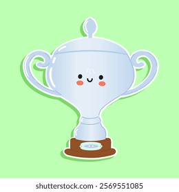 Sticker Silver trophy cup character. Vector hand drawn cartoon kawaii character illustration icon. Isolated on green background. Silver trophy cup character concept