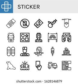 sticker simple icons set. Contains such icons as Patch, No pictures, Coupon, Gmo, Banner, Hippie, Shapes, Boxer, Defibrillator, Bandage, Barber, can be used for web, mobile and logo
