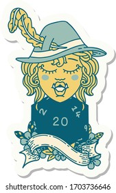 sticker of a singing half orc bard with natural twenty dice roll