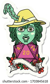 sticker of a singing half orc bard with natural twenty dice roll