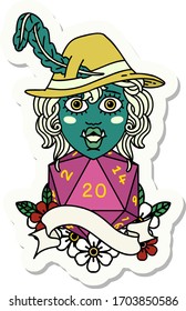 sticker of a singing half orc bard character with natural twenty dice roll
