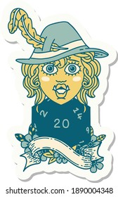 sticker of a singing half orc bard with natural twenty dice roll