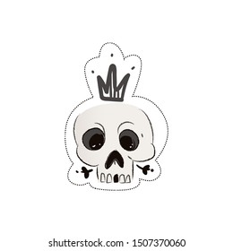 Sticker of a skeleton skull in a crown. Gothic icon and sticker of the royal skull in the crown for fashionable prints, posters and cards to Halloween. Isolated vector flat hand drawn illustration.