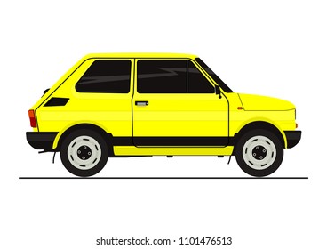 Sticker of small retro car. Side view. Flat vector.