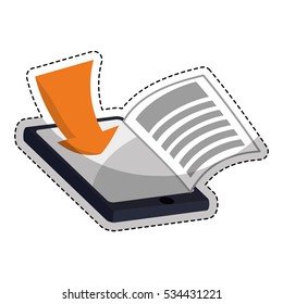 Sticker of smartphone device with ebook icon over white background. electronic book design. vector illustration