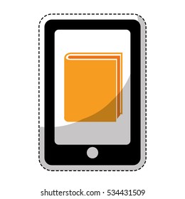 Sticker of smartphone device with ebook icon over white background. electronic book design. vector illustration