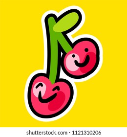 Sticker with smiling cherry. Sweet berry for juice with smile. Tasty food. Vector