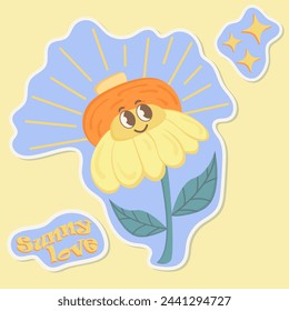 A sticker of a smiling daisy in a retro-style straw hat.