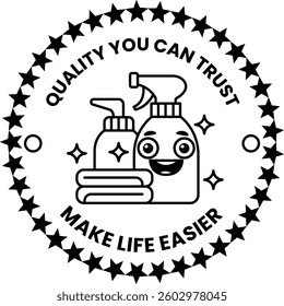 A sticker with a smiling face and two bottles of cleaning products