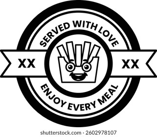 A sticker with a smiling face and the words served with love on it