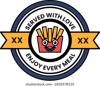 A sticker with a smiling face and the words served with love on it