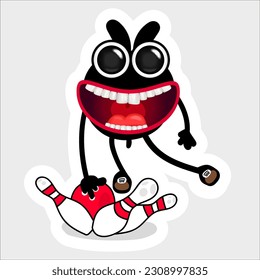 Sticker. Smiling hare. Laughing cute bunny playing bowling. Vector design. Character icon. Positive character.