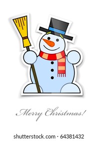sticker and smiling snowman in top hat broom vector illustration isolated white background