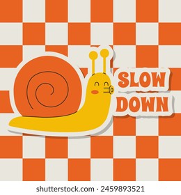 Sticker Snail Slow down Vector Illustration in Retro Groovy Style