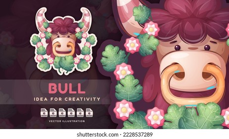 Sticker snake cartoon character adorable bull, pretty animal idea for print t-shirt, poster and kids envelope, postcard. Cute hand drawn style yak. Vector eps 10