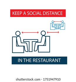 Sticker. Social Distancing In Restaurants And Cafes. The People At The Tables At A Safe Distance. Outline Icon. Vector Flat Illustration