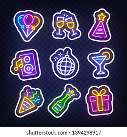 Sticker for social media. Party sticker set. Party neon sign, emblem. Balloon, Champagne, Hat, speaker, disco ball, cocktail, flapper, gift