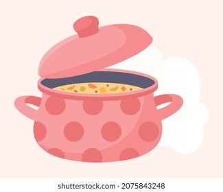 Sticker of soup. Delicious and healthy homemade food. Diet, weight loss, vegetarians. Graphic elements for cafe and restaurant websites. Icon for printing on clothes. Cartoon flat vector illustration