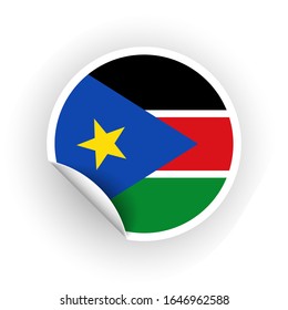 Sticker of South Sudan flag with peel off corner isolated on white background. Paper banner or circle curl label sticker with flip edge. Vector color post note for advertising design.
